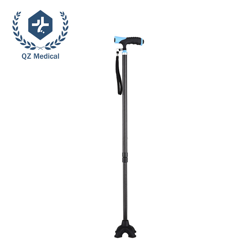 Carbon Fiber Walking Cane with LED Light & Adjustable Height (71-93cm) | Ultra-Light 0.19kg & 100kg Capacity, Non-Slip Quad Base for Seniors/Rehabilitation