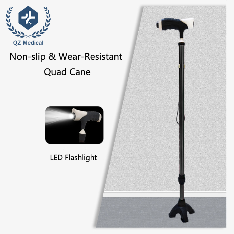 10-Level Adjustable LED Walking Cane with Aircraft-Grade Aluminum Alloy | 150kg Capacity & Non-Slip Quad Base for Seniors/Night Mobility/Rehabilitation
