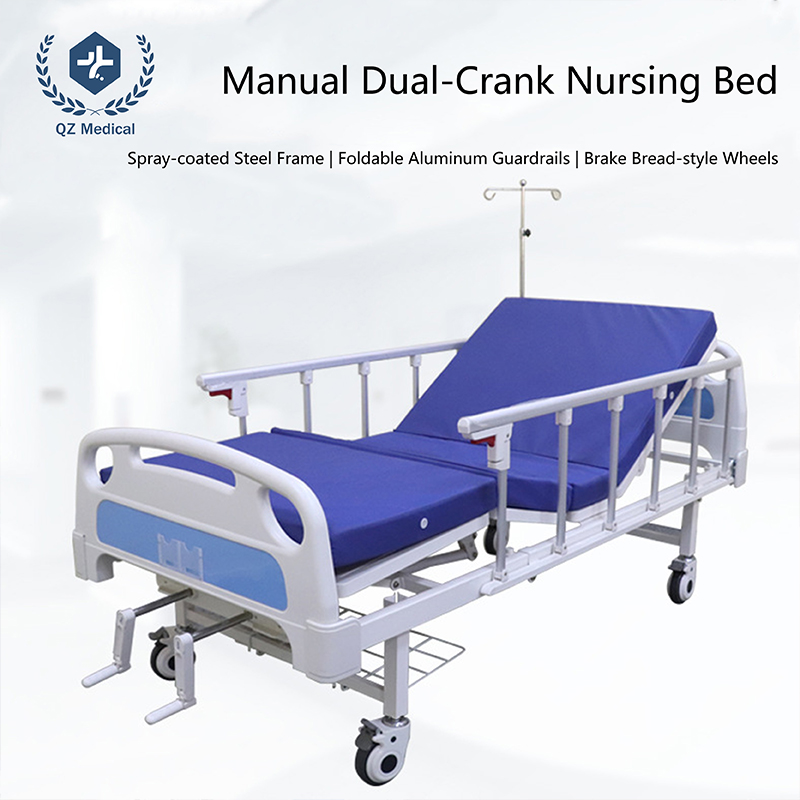 Dual-Crank Manual Nursing Bed with 80° Backrest & ISO Certification - 180kg Capacity Spray-Coated Steel Bed for Hospitals/Homecare, Foldable Guardrails & Silent Wheels Included