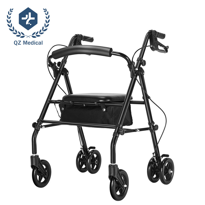 4-Wheel Rollator with Dual Brakes & 360° Swivel Wheels | 8.14kg Lightweight High-Carbon Steel Walker - 6-Level Adjustable Handles & 30x30cm Leather Seat for Seniors/Rehab