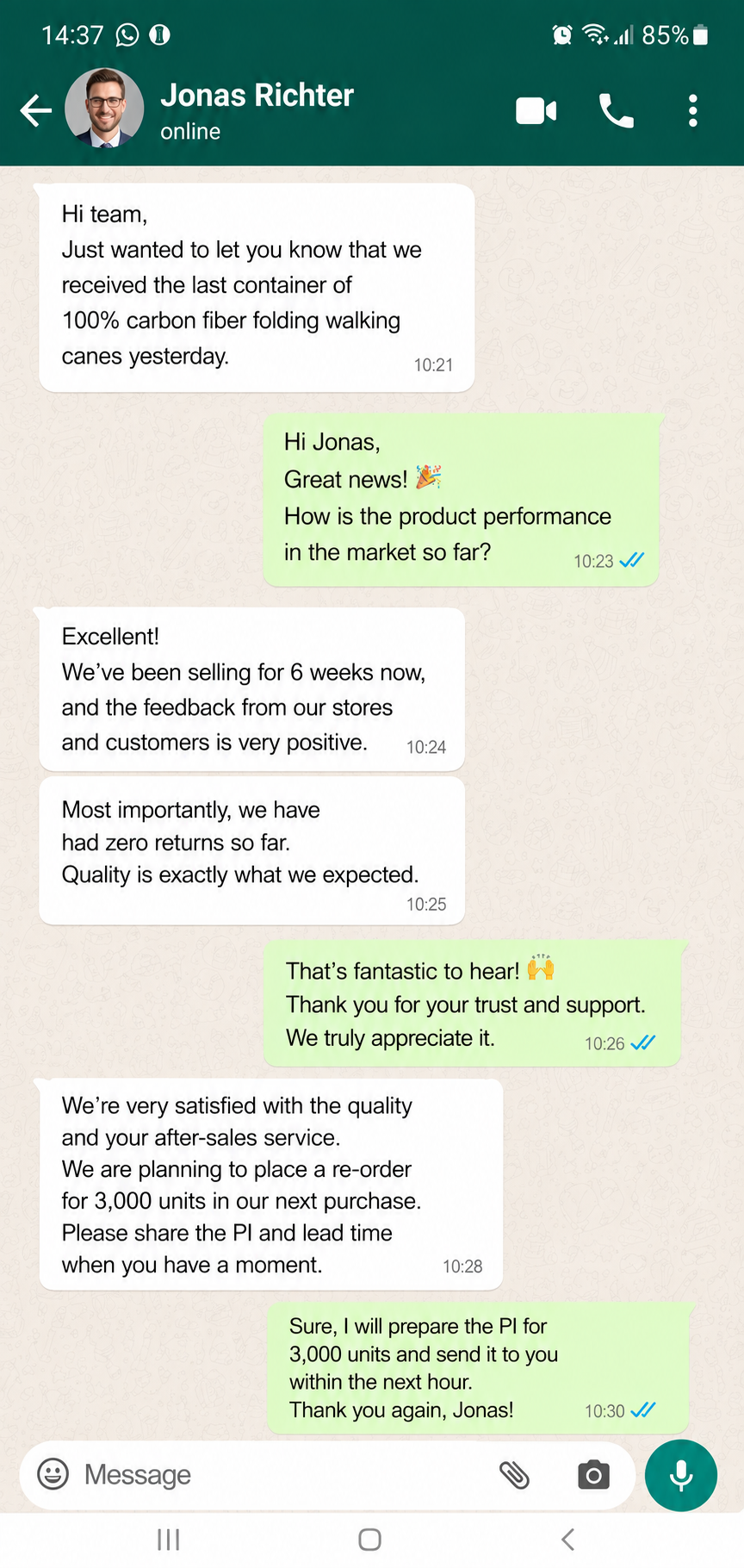 Authentic WhatsApp chat screenshot showing client feedback from Jonas Richter praising 100% carbon fiber folding walking canes
