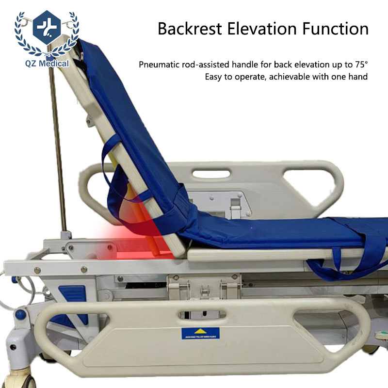 Single-hand gas spring backrest adjustment from 0 to 75 degrees on emergency transfer trolley