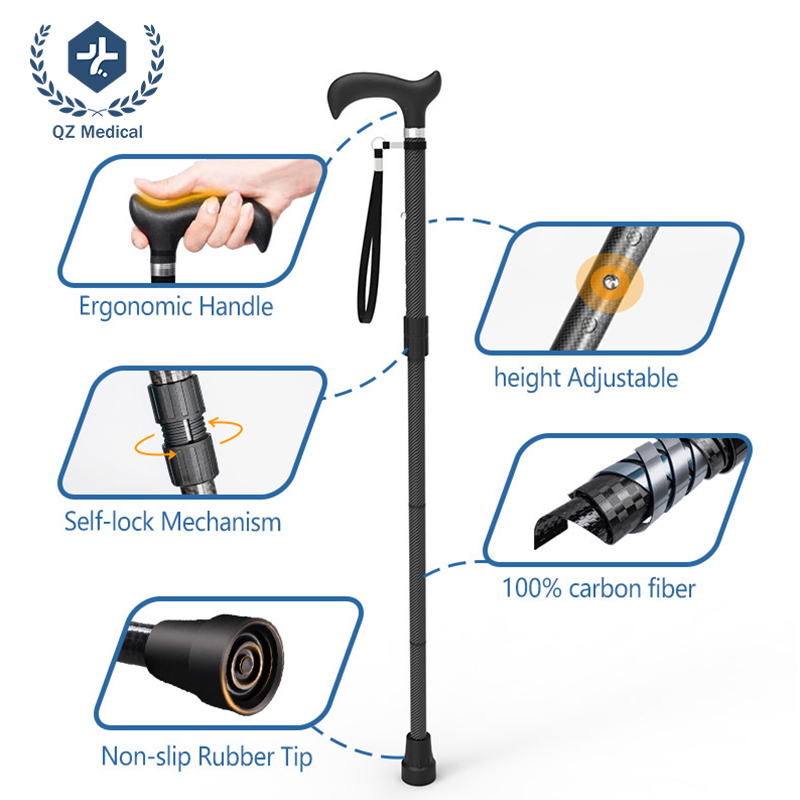 QZ Medical 100 percent carbon fiber walking cane with ergonomic handle and self lock mechanism