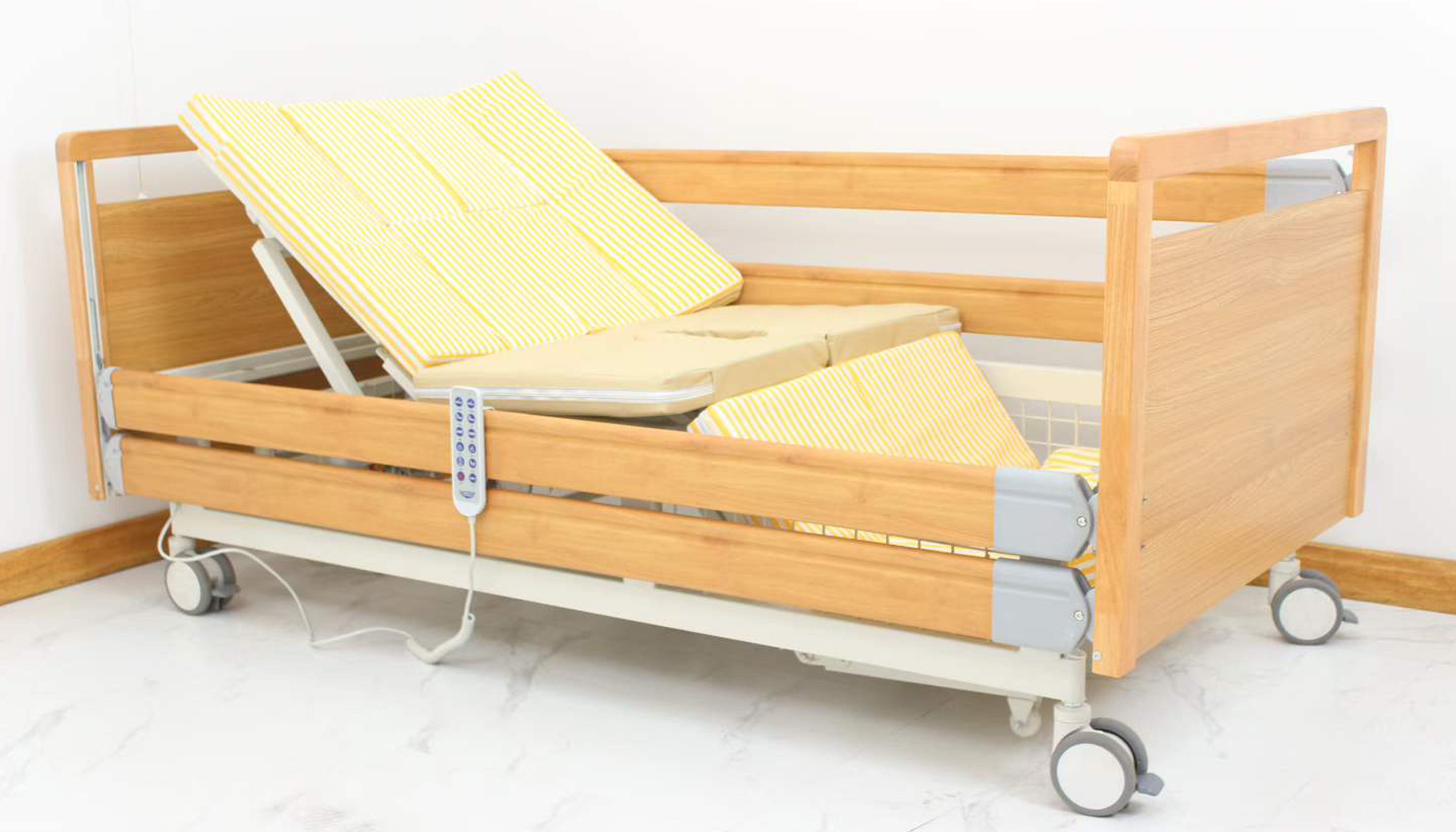 Wooden finish electric nursing care bed in modern European assisted living room