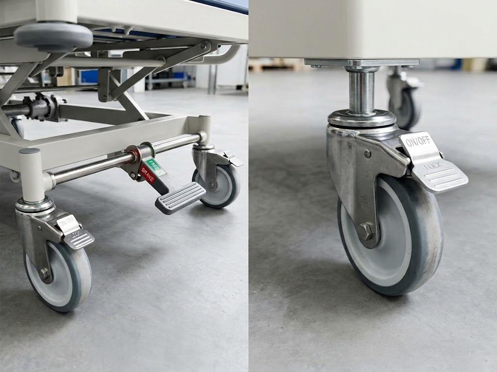 Comparison between central locking hospital bed pedal and individual braking caster wheel