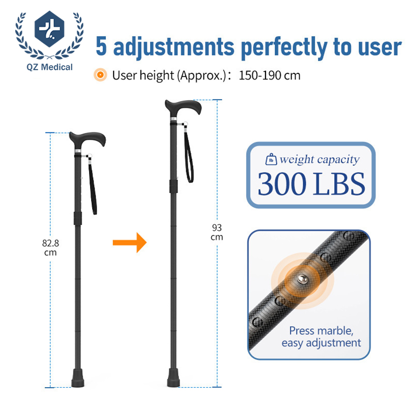 5 height adjustments from 82.8cm to 93cm and 300 LBS weight capacity on carbon fiber cane