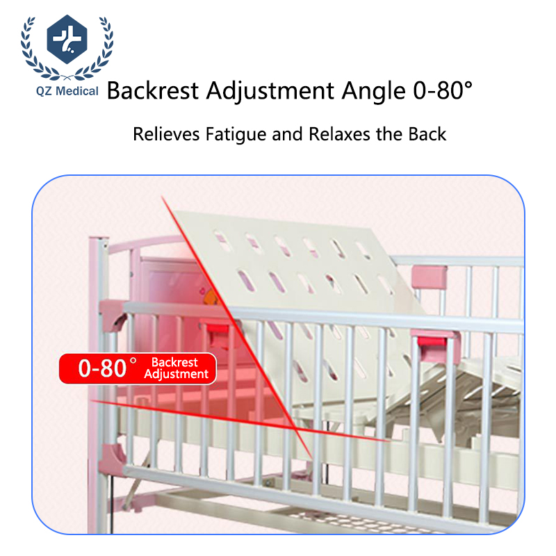Pediatric hospital bed with soft-drop damped safety rails and articulating backrest adjustment