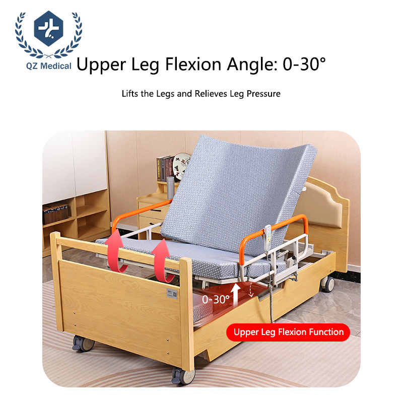 Electric backrest elevation with anti-side-slip contour and leg flexion on rotating care bed