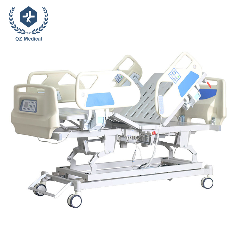 Split ABS guardrails with angle dials and 125mm covered silent swivel casters on hospital bed