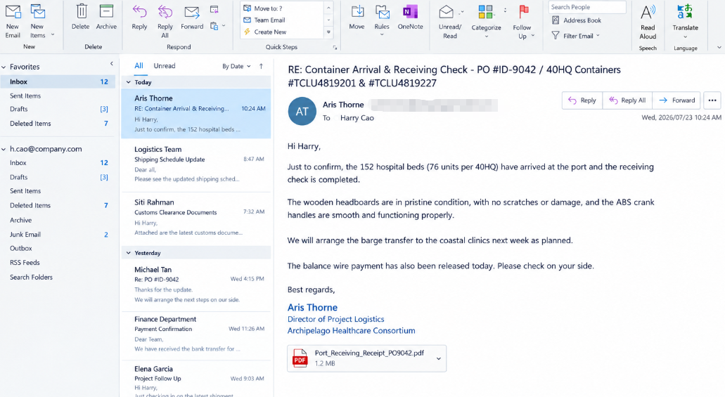Authentic corporate email screenshot from Southeast Asian buyer Aris Thorne confirming container delivery of 76 units per 40HQ manual hospital beds