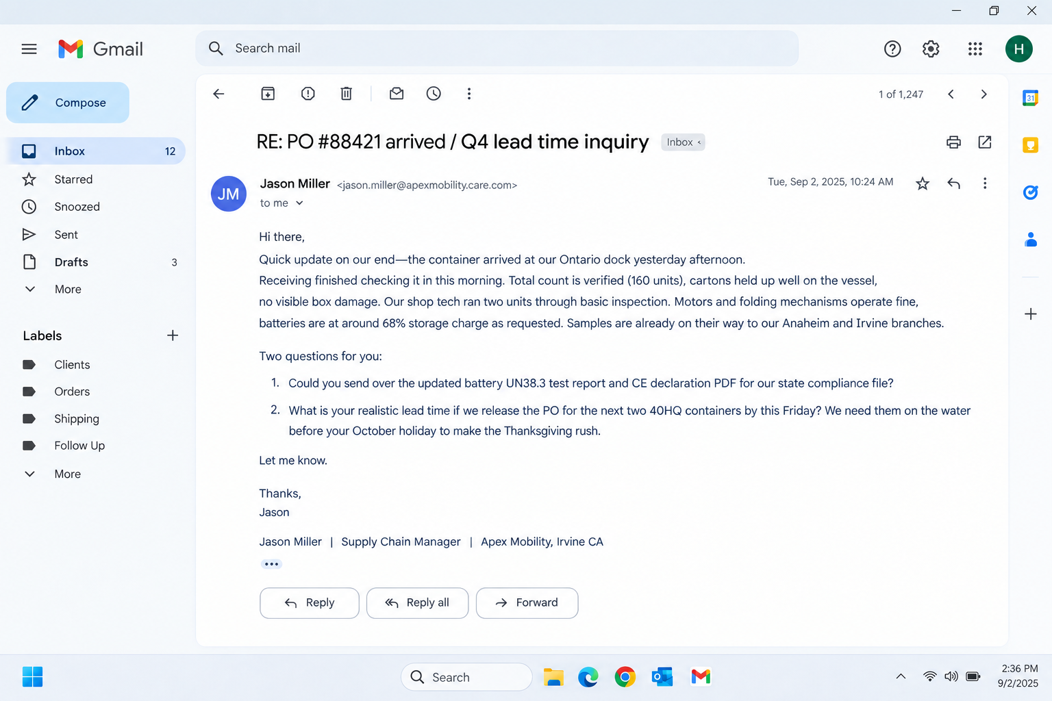 Authentic WhatsApp chat screenshot showing client feedback from Jason Miller praising smart reclining folding electric wheelchairs and container delivery