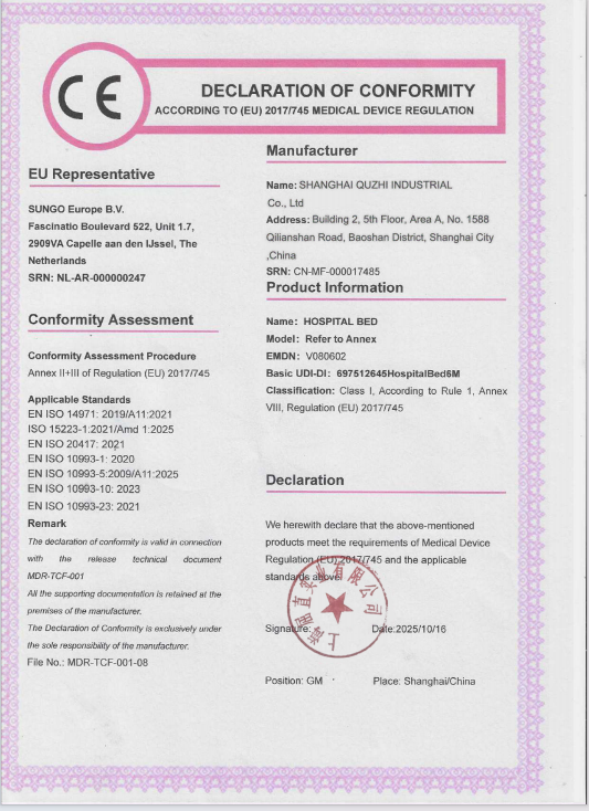 European CE Declaration of Conformity and medical device technical documentation for hospital beds