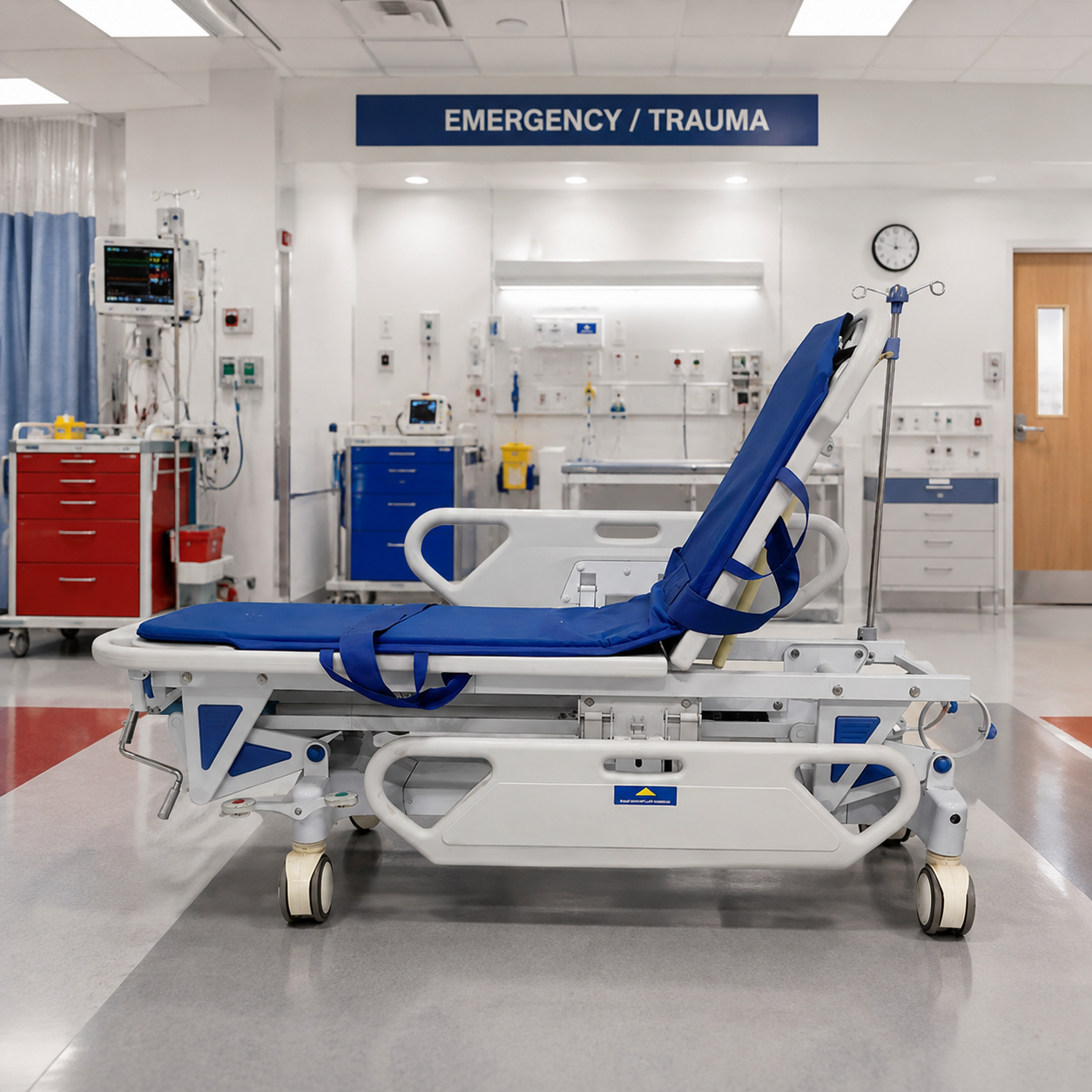 Hydraulic patient transfer stretcher trolley with central braking in hospital trauma department