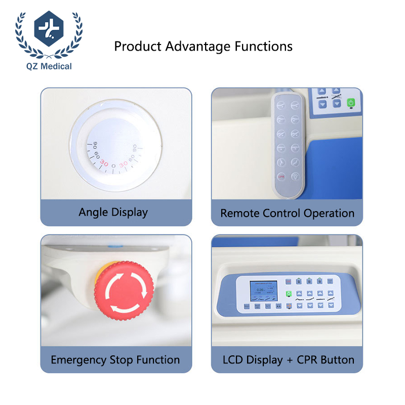 Bright red emergency manual CPR quick release handle on hospital bed backrest frame