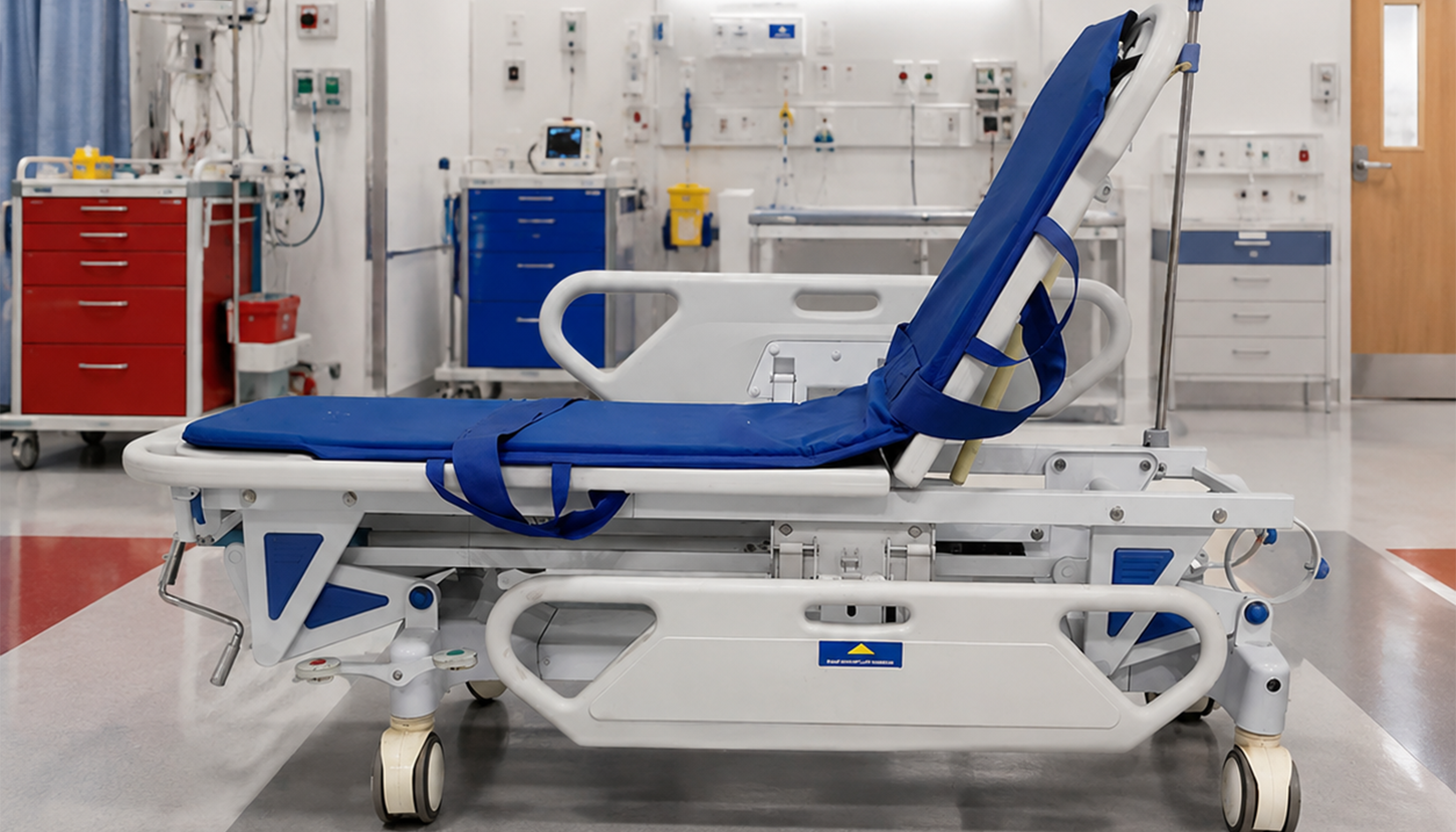 Hydraulic patient transfer stretcher trolley with central braking in hospital trauma department