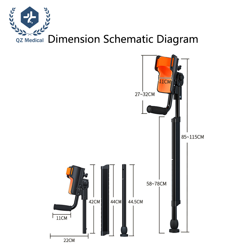 14-level independent height adjustment and 3-position ergonomic handgrip on elbow crutch