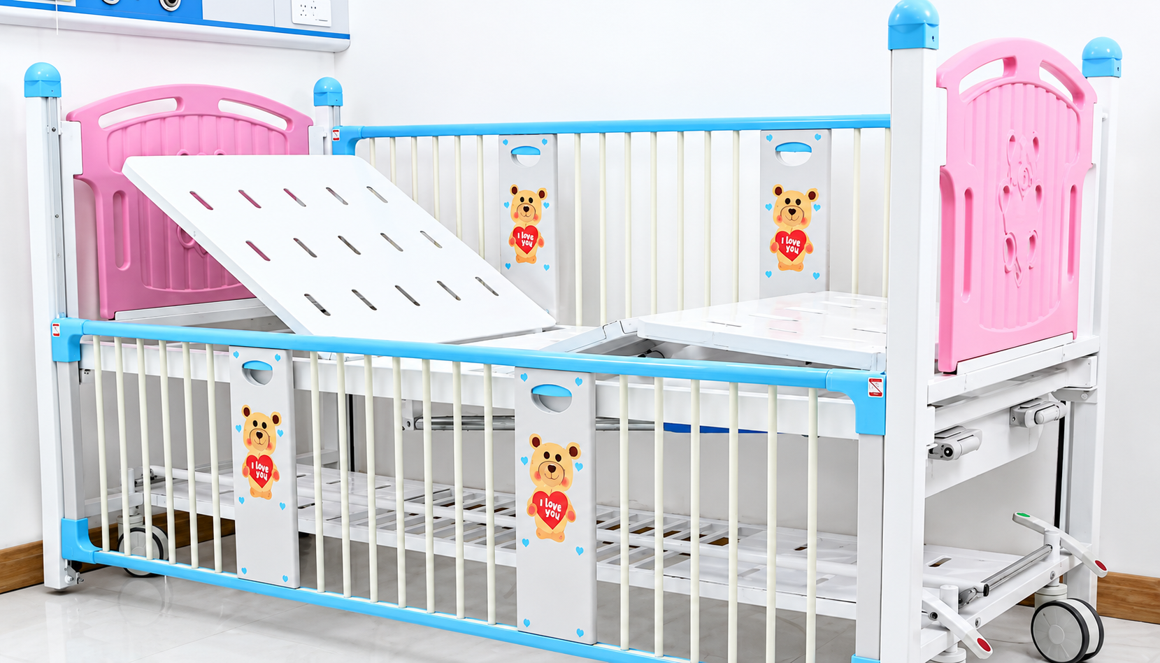 QZ Medical child friendly pediatric hospital bed with safety guardrails and telescopic IV pole
